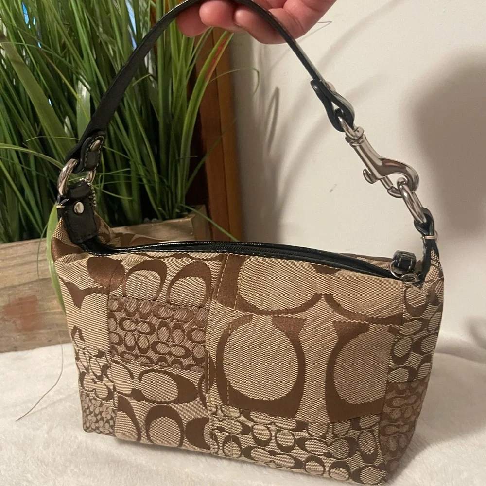 Coach Brown Signature Jacquard Shoulder Bag with Black Trim